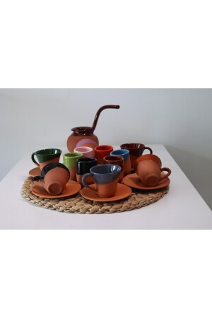 Yörem Pottery Steingut-Set mit 6 Kaffeetassen, Kaffeekanne, Halter für türkische Köstlichkeiten, Kaffee- und Wasserglas-Set 258T-TT1 - 5