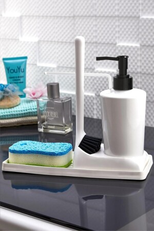 Yumuşak Silikon Fırçalı Tezgah Üstü Mutfak Banyo Sıvı Sabunluk Takımı Süngerlik Bez Seti VARSBF01 - 2