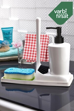 Yumuşak Silikon Fırçalı Tezgah Üstü Mutfak Banyo Sıvı Sabunluk Takımı Süngerlik Bez Seti VARSBF01 - 4