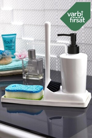 Yumuşak Silikon Fırçalı Tezgah Üstü Mutfak Banyo Sıvı Sabunluk Takımı Süngerlik Bez Seti VARSBF01 - 1