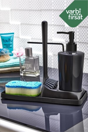 Yumuşak Silikon Fırçalı Tezgah Üstü Mutfak Banyo Sıvı Sabunluk Takımı Süngerlik Bez Seti VARSBF01 - 2