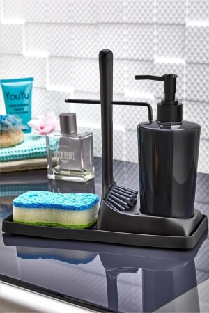 Yumuşak Silikon Fırçalı Tezgah Üstü Mutfak Banyo Sıvı Sabunluk Takımı Süngerlik Bez Seti VARSBF01 - 3