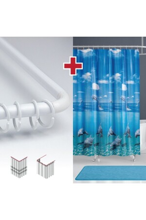 Yunus Desenli Mavi Banyo Perdesi Askı Hediyeli 180x200 cm Tek Kanat Duş Perdesi L Boru Hediyeli - Tropikhome