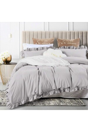 Yüzde Yüz Pamuklu Fırfırlı Süs Dikişli Açık Gri Çift Kişilik Nevresim Ve Yastık Kılıfı Seti 200220FIRFIRLI - makiteks