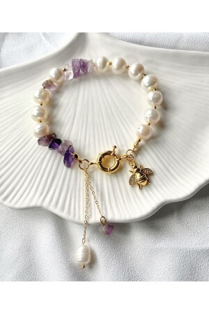 Zertifiziertes Damenarmband aus echten Perlen und Amethyst-Naturstein mit Zirkon-Design und Bienenfigur - 2