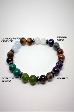 Zertifiziertes Panikattacken-Armband (AQUAMARIN-MALAHIT-JADE-RAUCHQUARZ-AMETHYST-LAL--MONDSTEIN) aus Naturstein - 1