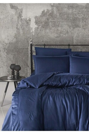 Ziganahome Marineblau gestreiftes Satin-Bettbezug-Set, Doppelbettlaken ohne Gummizug und 2 Kissenbezüge ZGN0281453 - 1