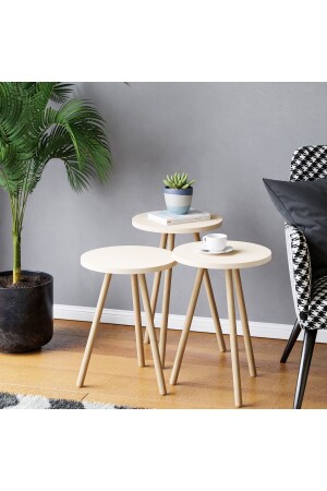 طاولة قهوة ثلاثية العش مع ساقي خشبية ، تصميم كرة البستيل ، كريم - interGO