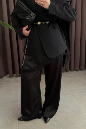 Zra Model Saten Dantelli Pareo Pantolon Siyah - Nuuwears