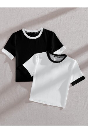 Zweiteilige Crop-Bluse für Damen in Schwarz und Weiß CropBluz-1 - 2